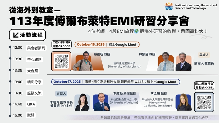 【校外活動】國立高雄科技大學 辦理「從海外到教室 — 113年度傅爾布萊特 EMI 研習分享會」EMI系列工作坊圖片