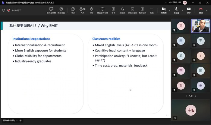 【校外教師EMI教學經驗分享系列】115年02月09日 「EMI課程的挑戰與解方」講座圖片