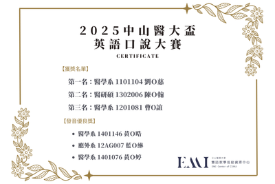 2025「中山醫大盃」英語口說大賽獲獎名單圖片