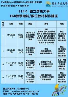 【校外活動】國立屏東大學 辦理「EMI教學增能」與「數位教材製作」系列講座圖片